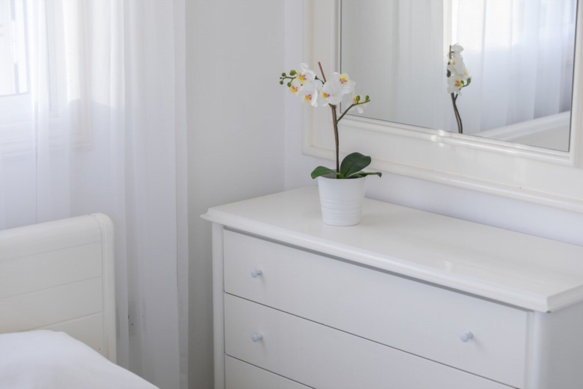 A white dresser with a potted orchid and a mirror above it.