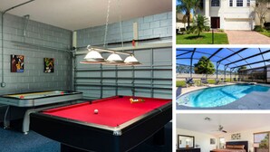 Una mesa de billar, una piscina, un dormitorio y una casa con garaje.