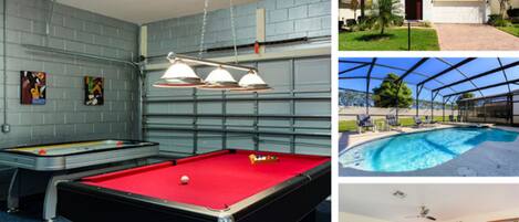 A pool table, a pool, a bedroom, and a house with a garage.
