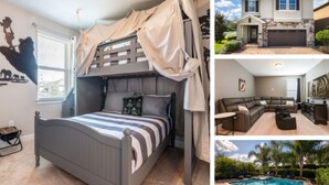 A bedroom with a canopy bed, a living room with a sectional sofa, and a pool area. - Luxury 8 Bedroom Villa on Encore Resort at Reunion, Orlando Villa 1987 (Kissimmee)