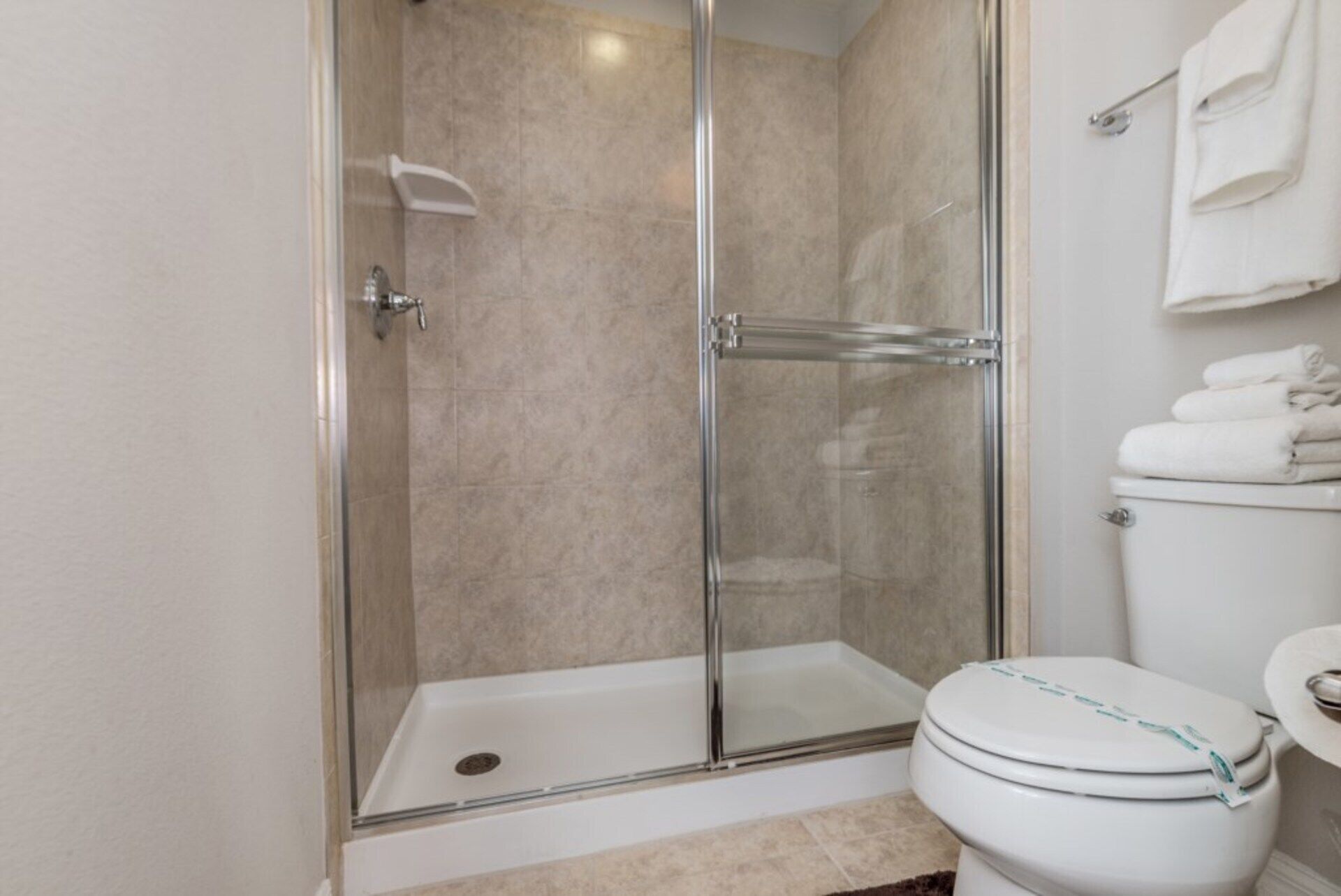 A modern bathroom with a glass-enclosed shower, a white toilet, and a towel rack.