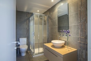 A modern bathroom with a glass shower enclosure, a white sink, and a toilet.