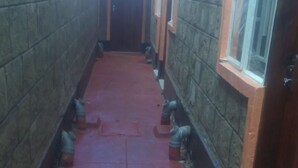 Un pasillo estrecho con suelo rojo, flanqueado por paredes de piedra y ventanas de madera.