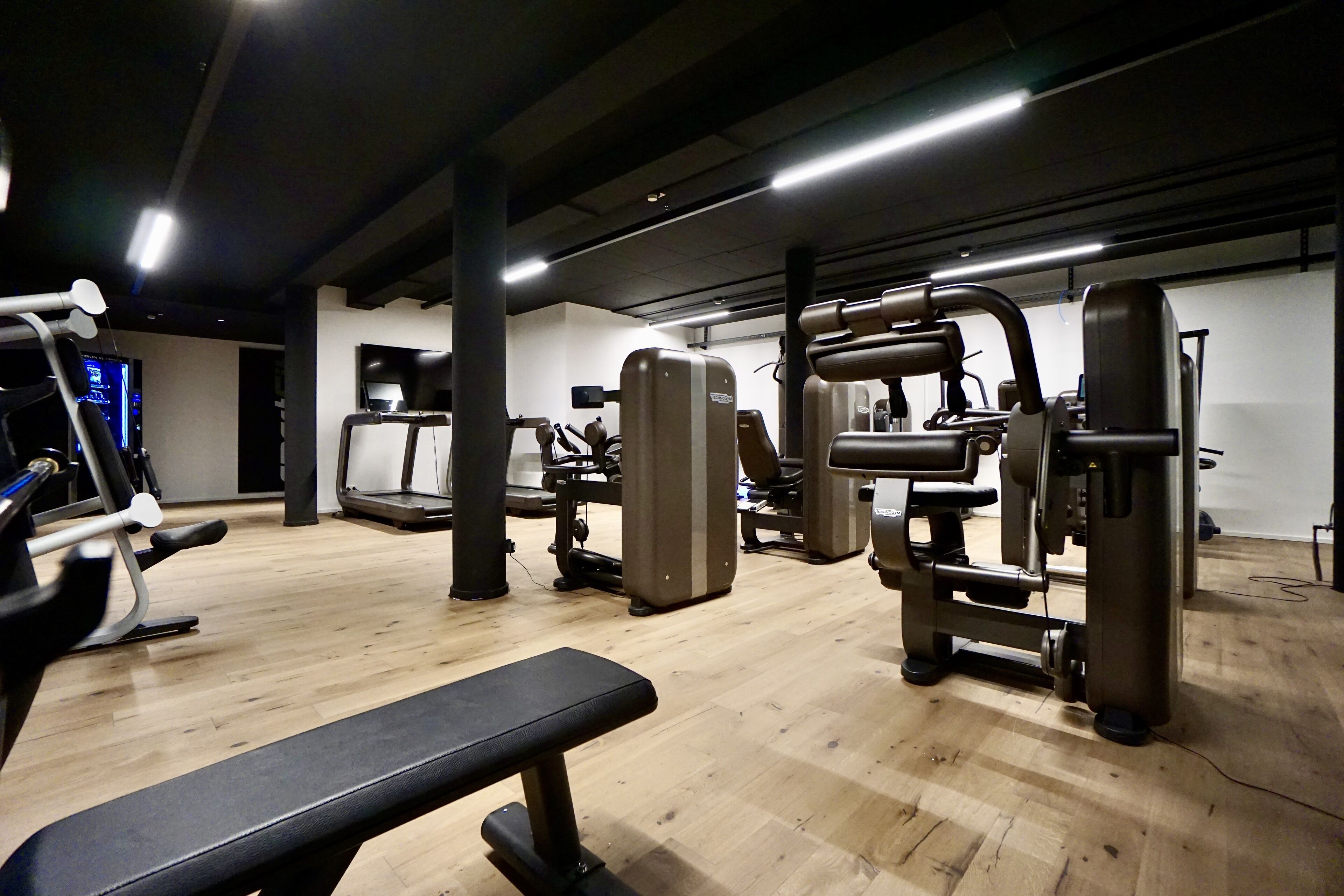 A gym with various exercise machines, a bench, and a treadmill.