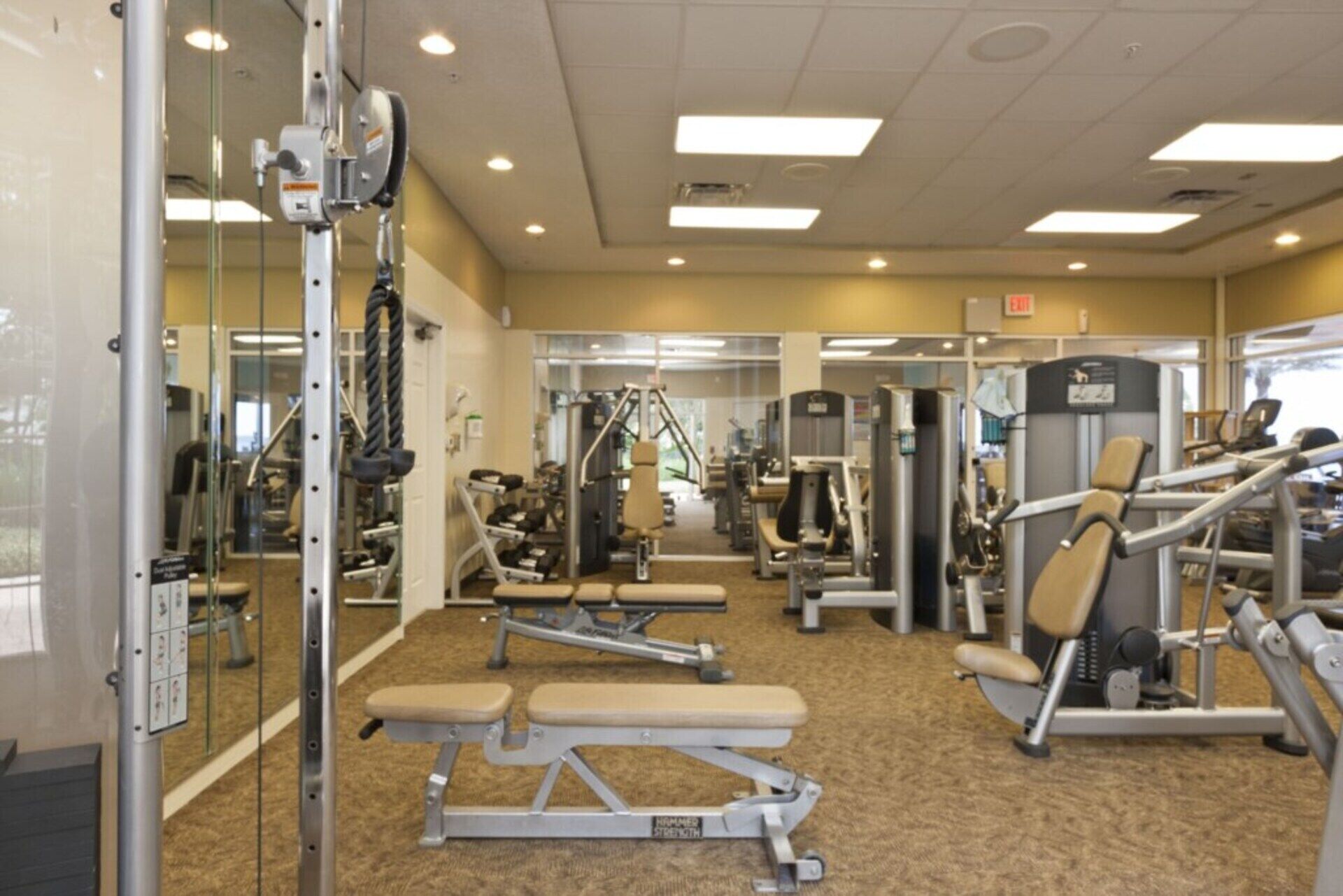 A gym with various exercise equipment, including benches and weight machines.