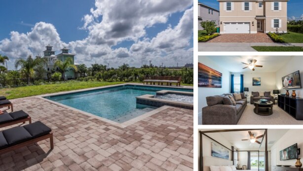 A pool area with lounge chairs, a swimming pool, and a hot tub.