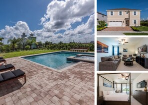 A pool area with lounge chairs, a swimming pool, and a hot tub. - Luxury 8 Bedroom Villa on Encore Resort at Reunion, Orlando Villa 2926 (Kissimmee)