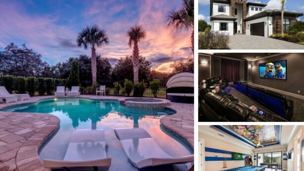 A pool with lounge chairs, a modern house, a home theater, and a pool table. - Beautiful Villa With Private Pool, Close to Disney, Orlando Villa 2949 (Kissimmee)