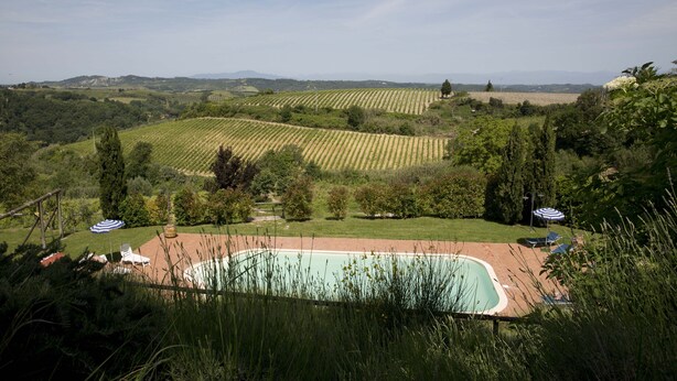 A pool with a surrounding patio area, a grassy field, and distant hills. - Room in B&B - A Little Place in Tuscany Where to Relax (Montaione)