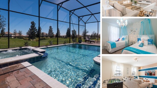 Une piscine entourée de parois en verre, un salon avec un canapé et une télévision, une chambre avec un lit et un baldaquin, et une table de jeux.