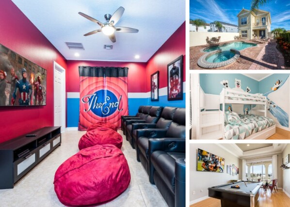 A living room with a red bean bag, black leather sofa, and a ceiling fan.