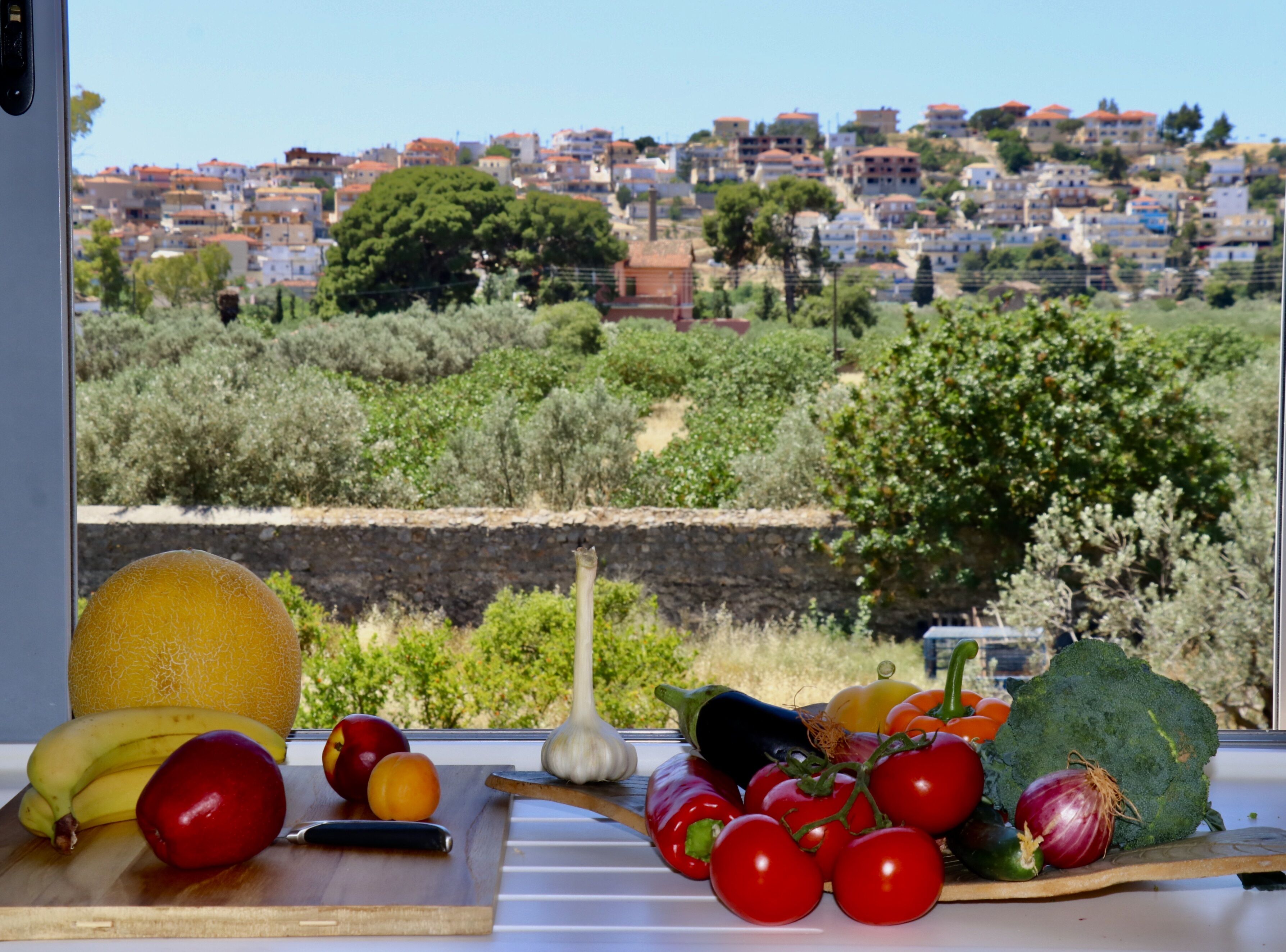 A table with fruits and vegetables in front of a window overlooking a hillside with buildings.