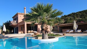 Ett poolområde med en palm, solstolar och en byggnad med en balkong.