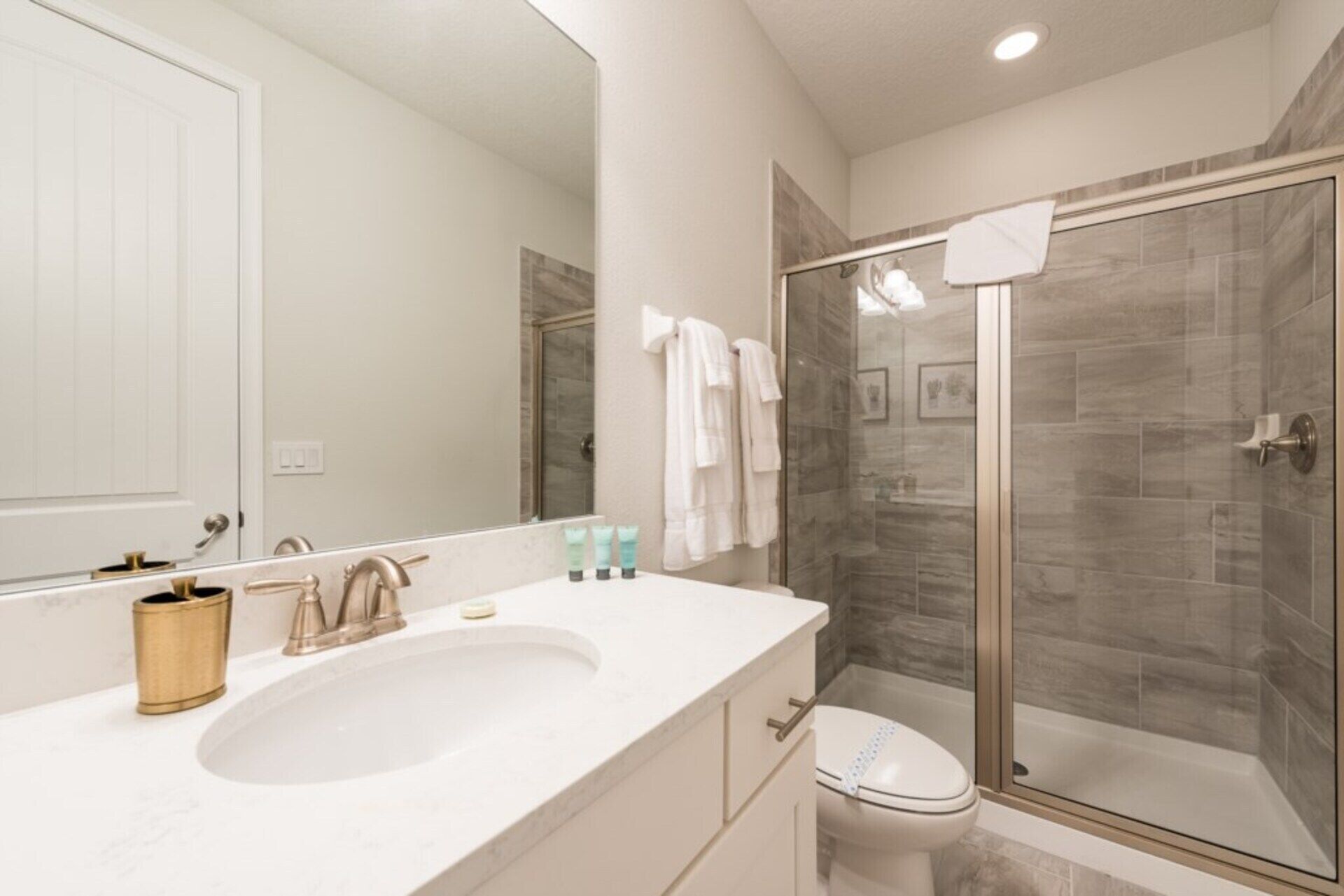 A modern bathroom with a large sink, a toilet, and a glass shower enclosure.
