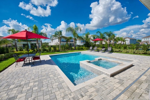 Outdoor pool, pool umbrellas