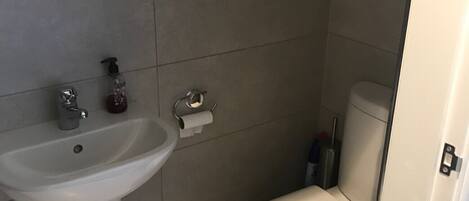 Un baño pequeño con lavamanos pedestal, inodoro y barra para toallas.