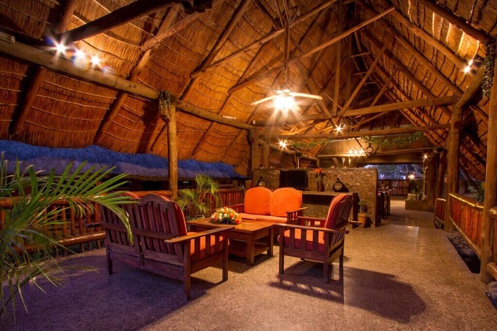 An interior with a thatched roof, wooden furniture, and a stone wall. - Ravine Lodge (Livingstone)