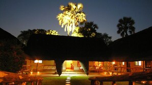 A resort with thatched-roof buildings, a palm tree, and a pathway leading to a pool area. - Ravine Lodge (Livingstone)
