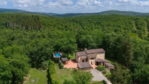 Une maison entourée d’une forêt dense, dotée d’une piscine et d’un espace patio.