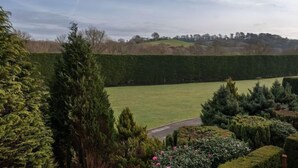 Ein angelegter Garten mit verschiedenen Sträuchern und einer ordentlich geschnittenen Hecke im Vordergrund.
