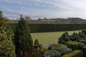 A landscaped garden with a variety of shrubs and a neatly trimmed hedge in the foreground.
