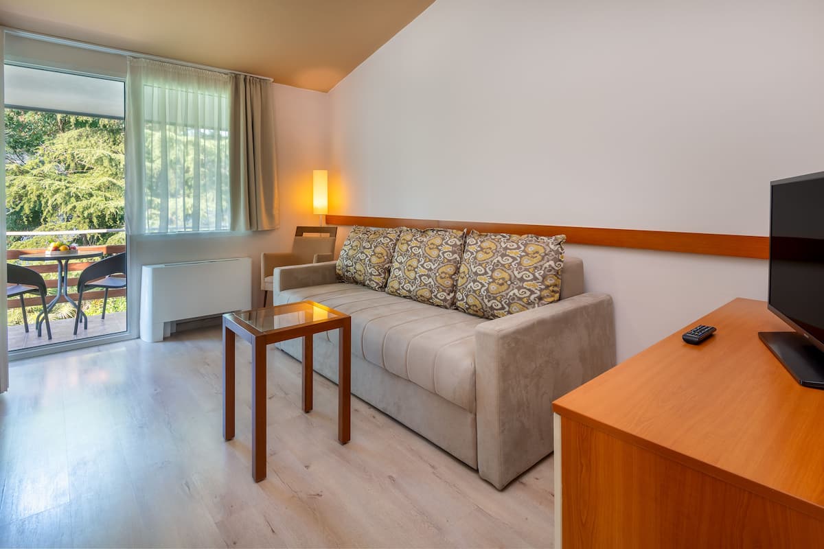 Ein modernes Hotelzimmer mit einer Couch, einem kleinen Tisch, einem Fernseher und einem Balkon mit Tisch und Stühlen.