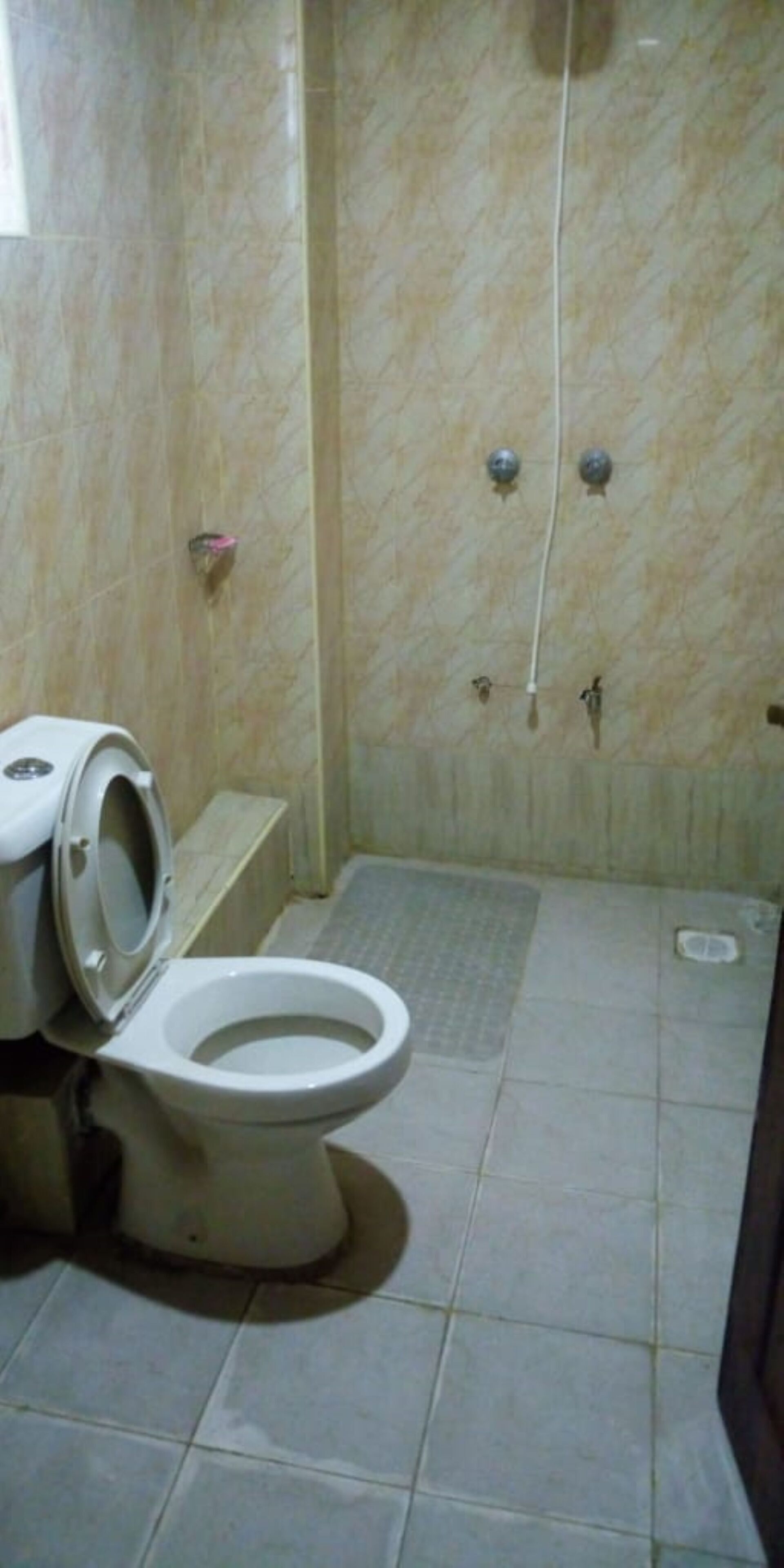 A bathroom with a toilet, a shower area, and a tiled floor.