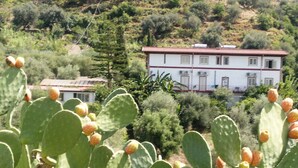 A building with a white facade and red roof, surrounded by dense greenery and cacti. - Room-michelangelo House, Bilo (Gioiosa Marea)