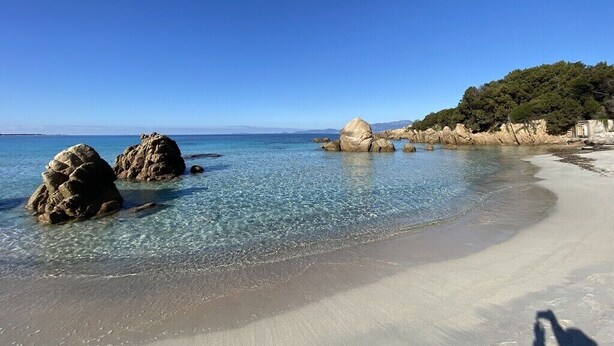 Une plage à l’eau claire, bordée de gros rochers et entourée d’une zone boisée.