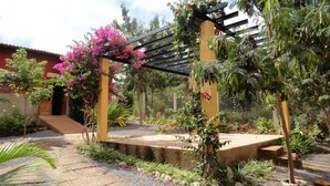 Un jardín con una pérgola, diversas plantas y un edificio con un letrero que dice 'Restaurante'.