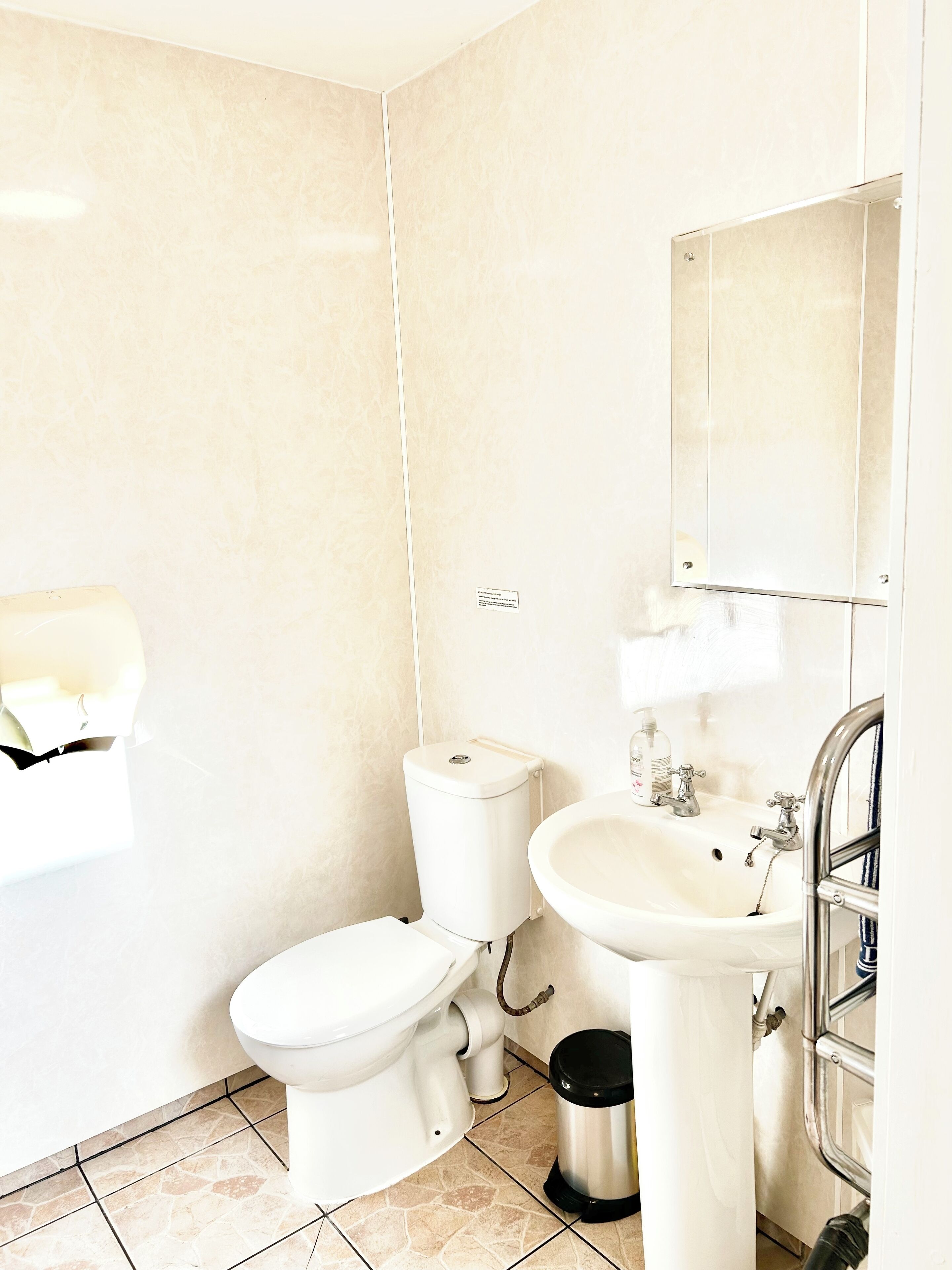 A bathroom with a toilet, sink, and mirror.