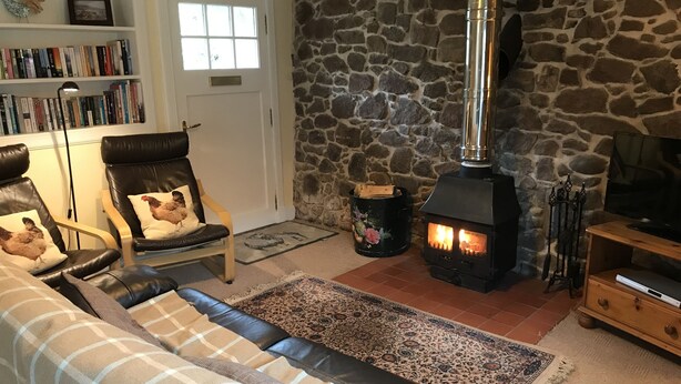 Ein gemütliches Wohnzimmer mit Steinwand, Kamin, Ledersofa, Bücherregal und Fernseher.