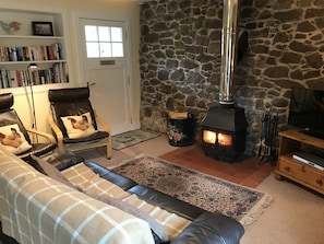 Relax in this inviting living room with a fireplace, comfortable sofa, and a bookshelf filled with books.