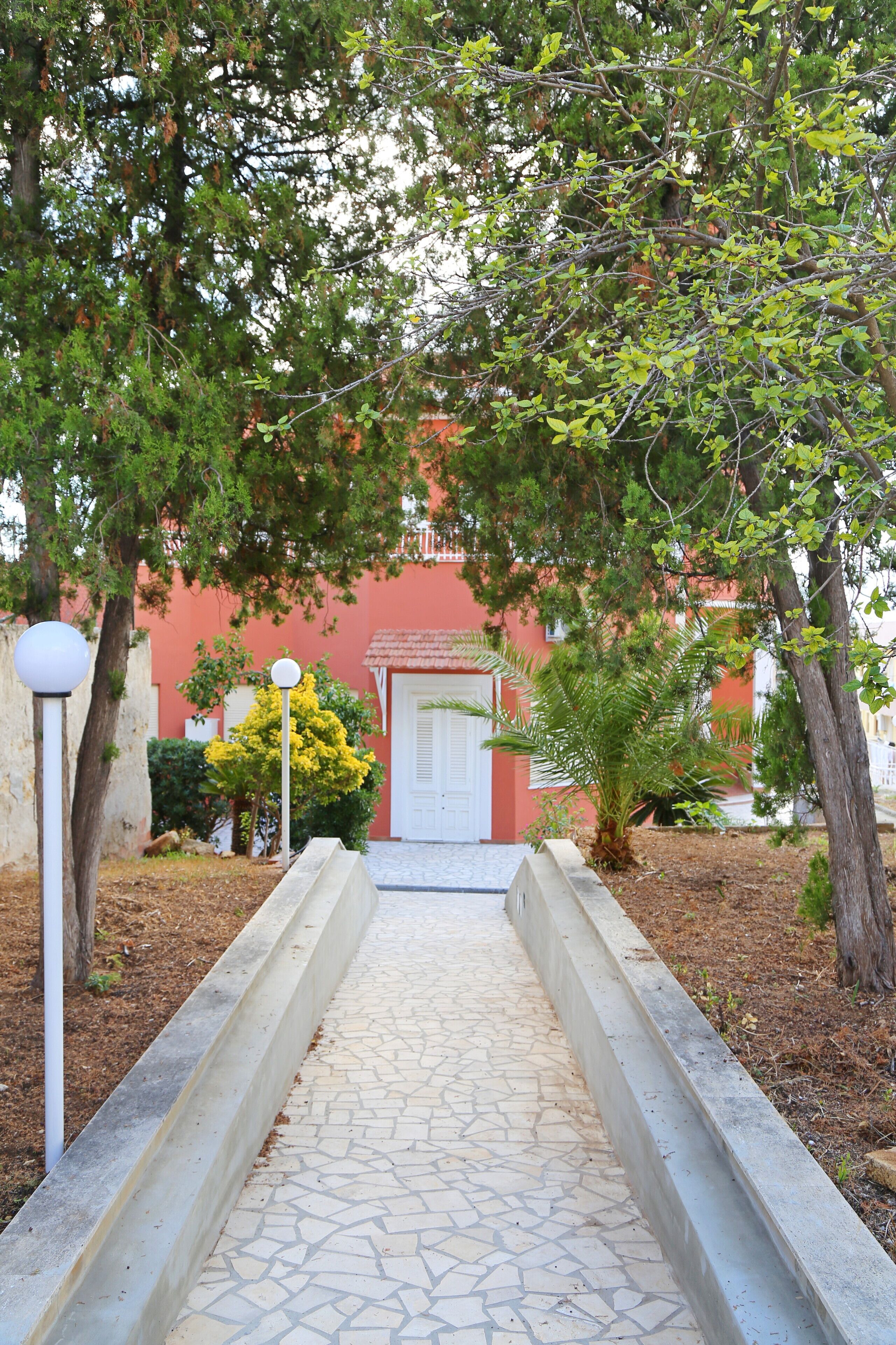 A pathway leading to a building with a red facade and a white door, surrounded by trees and a small palm plant.