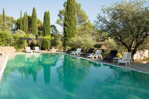 A swimming pool with clear water, surrounded by lounge chairs and tall trees.