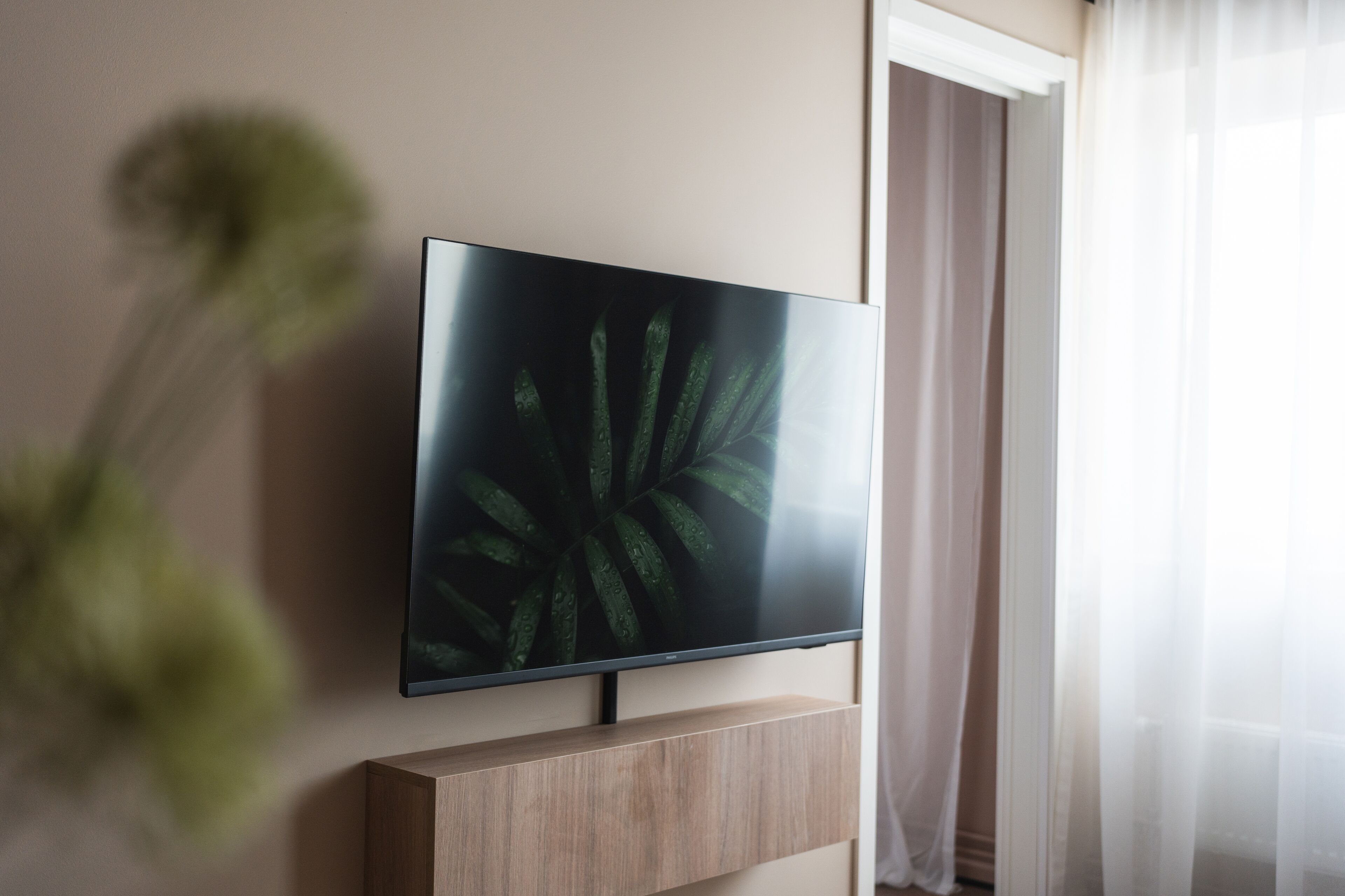 A flat-screen TV mounted on a wooden stand in a room with a plant in the foreground.