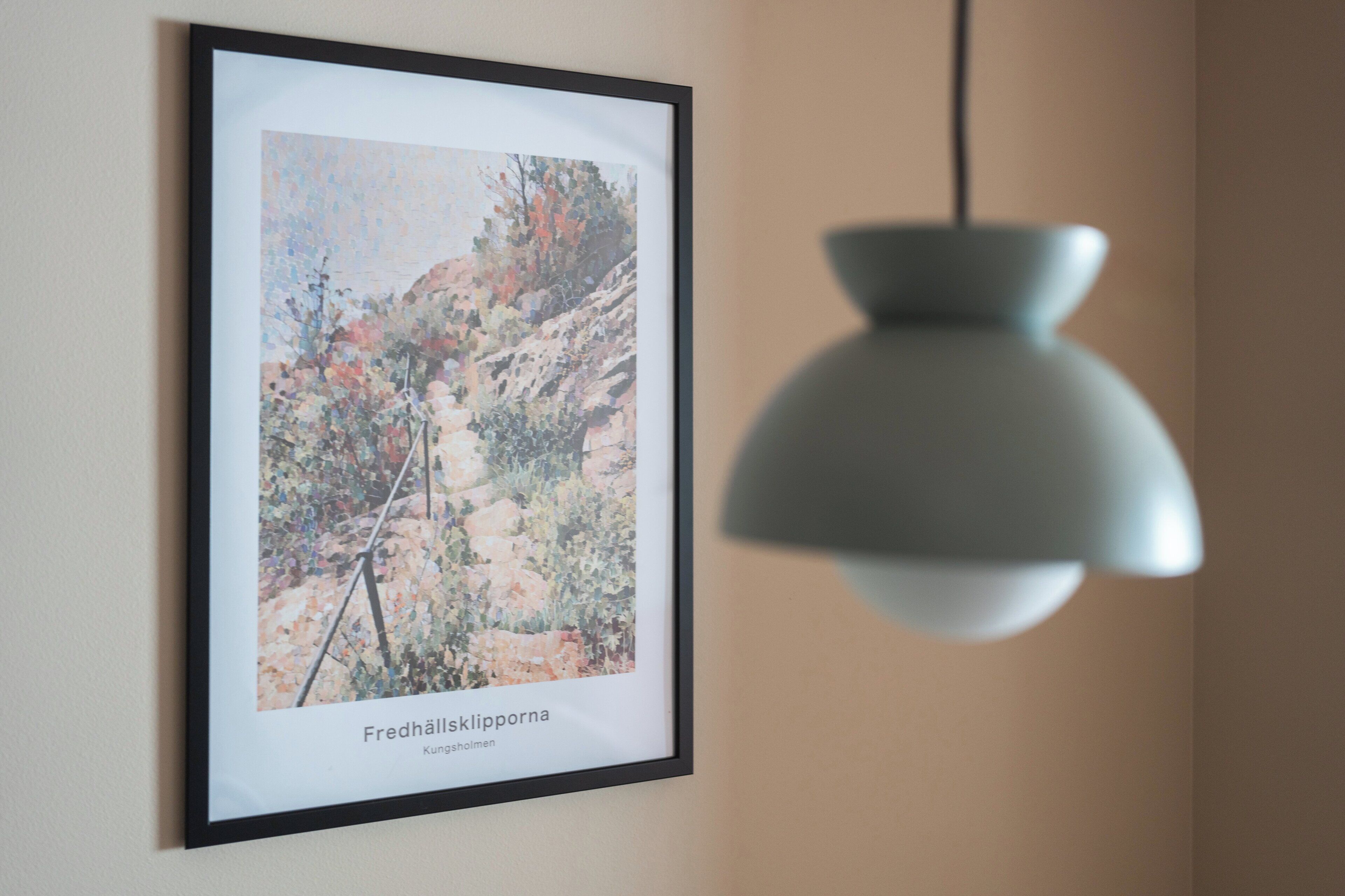 A framed artwork of a natural landscape on a wall, with a pendant light hanging above it.