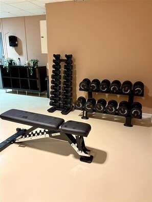 A gym with a bench, a wall-mounted dumbbell rack, and a shelf with plants and bottles. - VANDER Kungsholmen Stockholm (Stockholm)