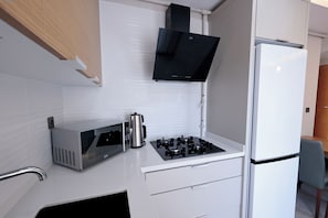 Großer Kühlschrank, Mikrowelle, Ofen, Herdplatte