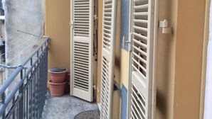 A narrow outdoor corridor with a metal railing, a door with louvered shutters, and a potted plant. - Fronte Po Torino, Foot Of The Hill - Non-smoking Only (Turin)