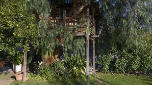 Una estructura de pérgola de madera rodeada de exuberante vegetación y un jardín bien cuidado.