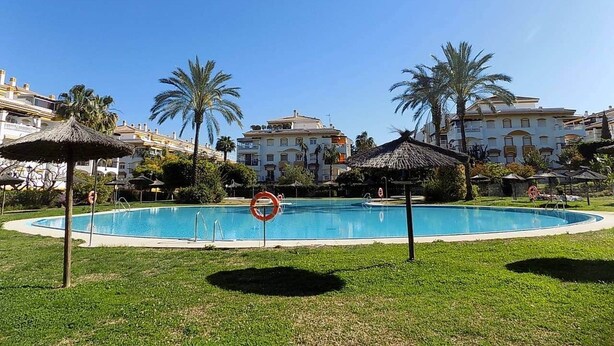 A swimming pool surrounded by grass, palm trees, and a building with balconies.