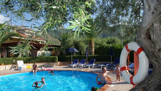 A swimming pool with lounge chairs, a lifebuoy, and a tree.