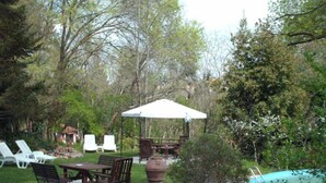 A backyard with a pool, outdoor furniture, and a covered patio area. - Villa with 2 spacious apartments for 2 x 7 people and swimming pool near Pisa and the sea (Fauglia)