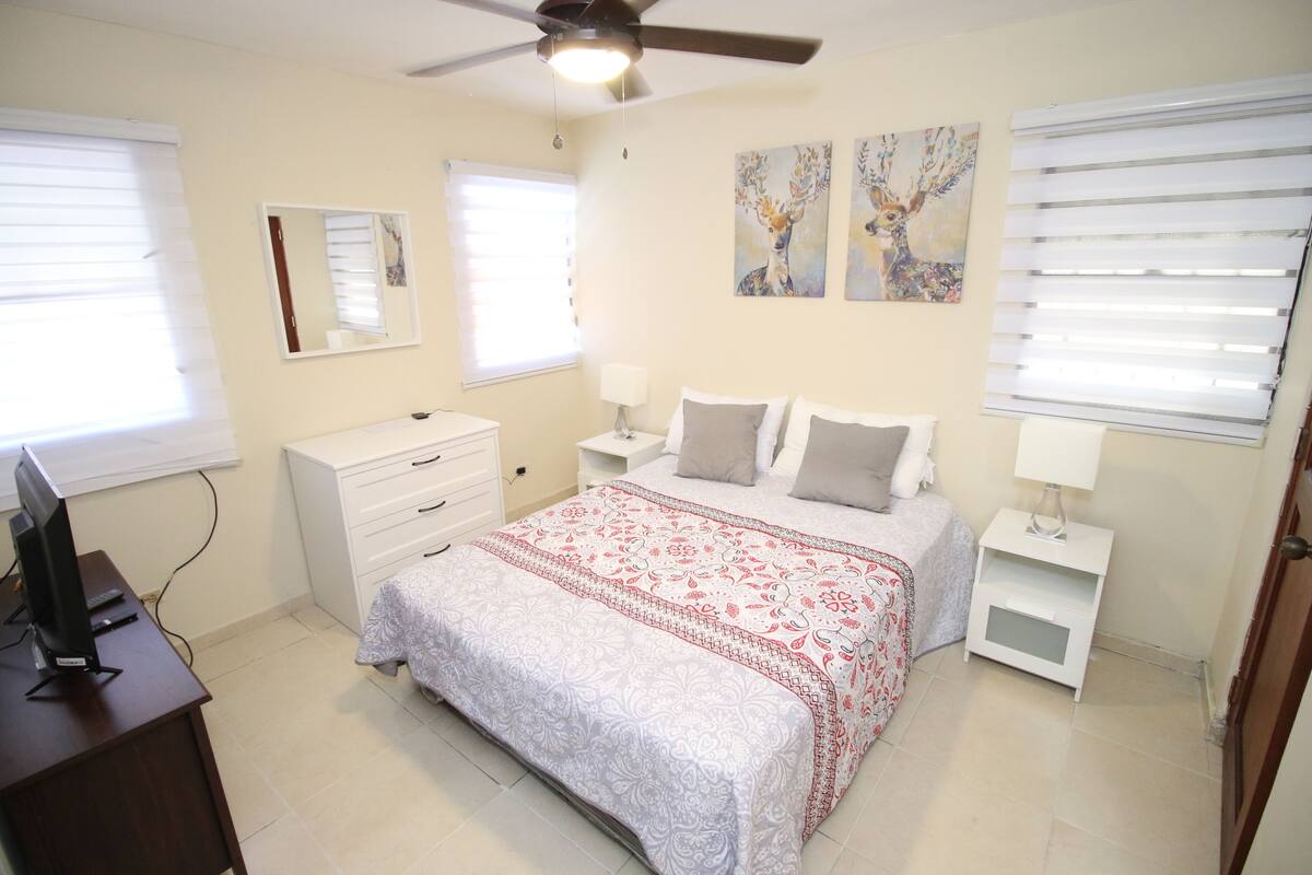A bedroom with a bed, nightstands, a desk, and a ceiling fan.