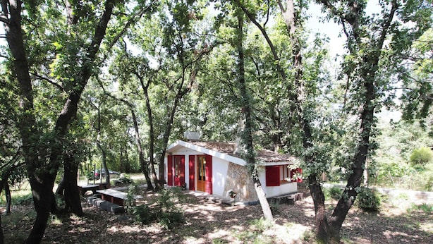 A rustic cabin surrounded by dense trees, with a stone wall and red accents. - Chalet in the Woods Nestled in the oak Forest in Monterosso Etneo (Aci Sant'Antonio)