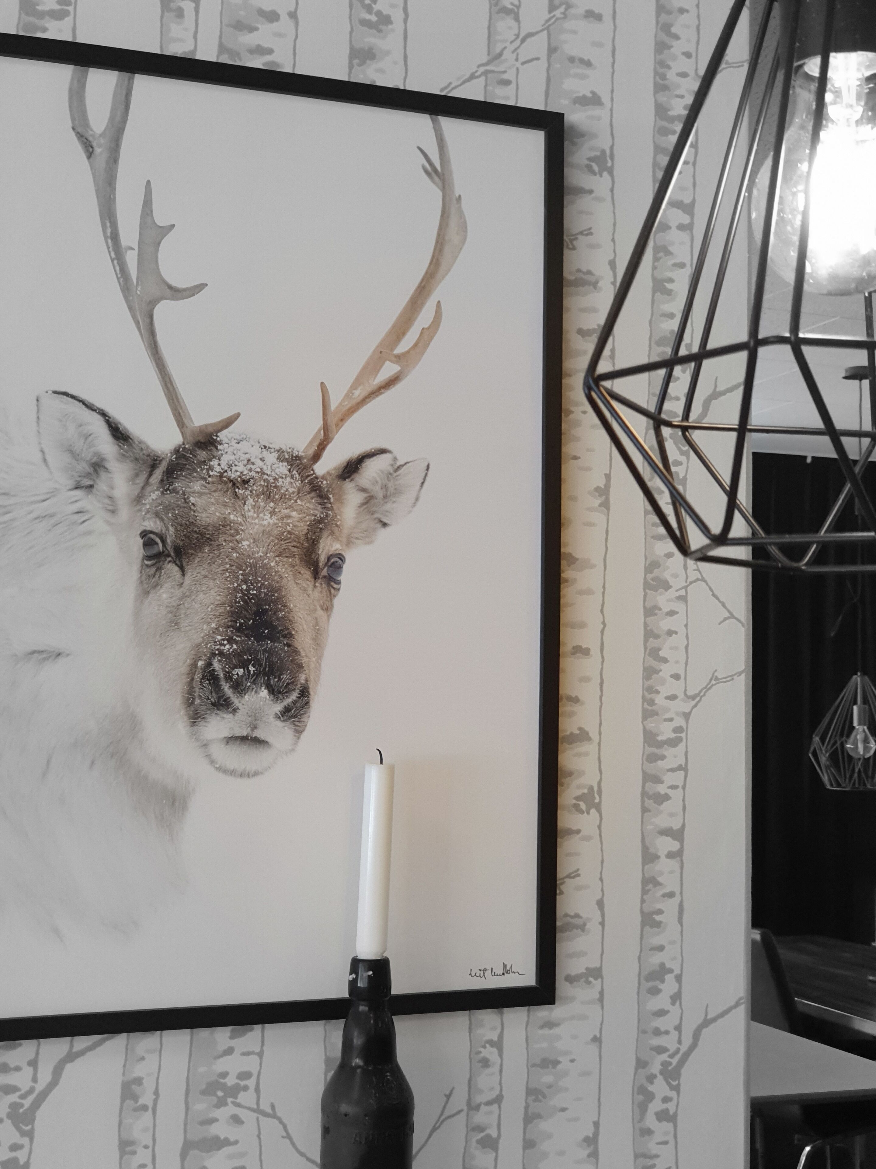 Un tableau encadré représentant un animal sauvage, un cerf avec des bois, une bougie dans une bouteille et un luminaire géométrique fixé sur un mur orné d’un motif d’arbre.