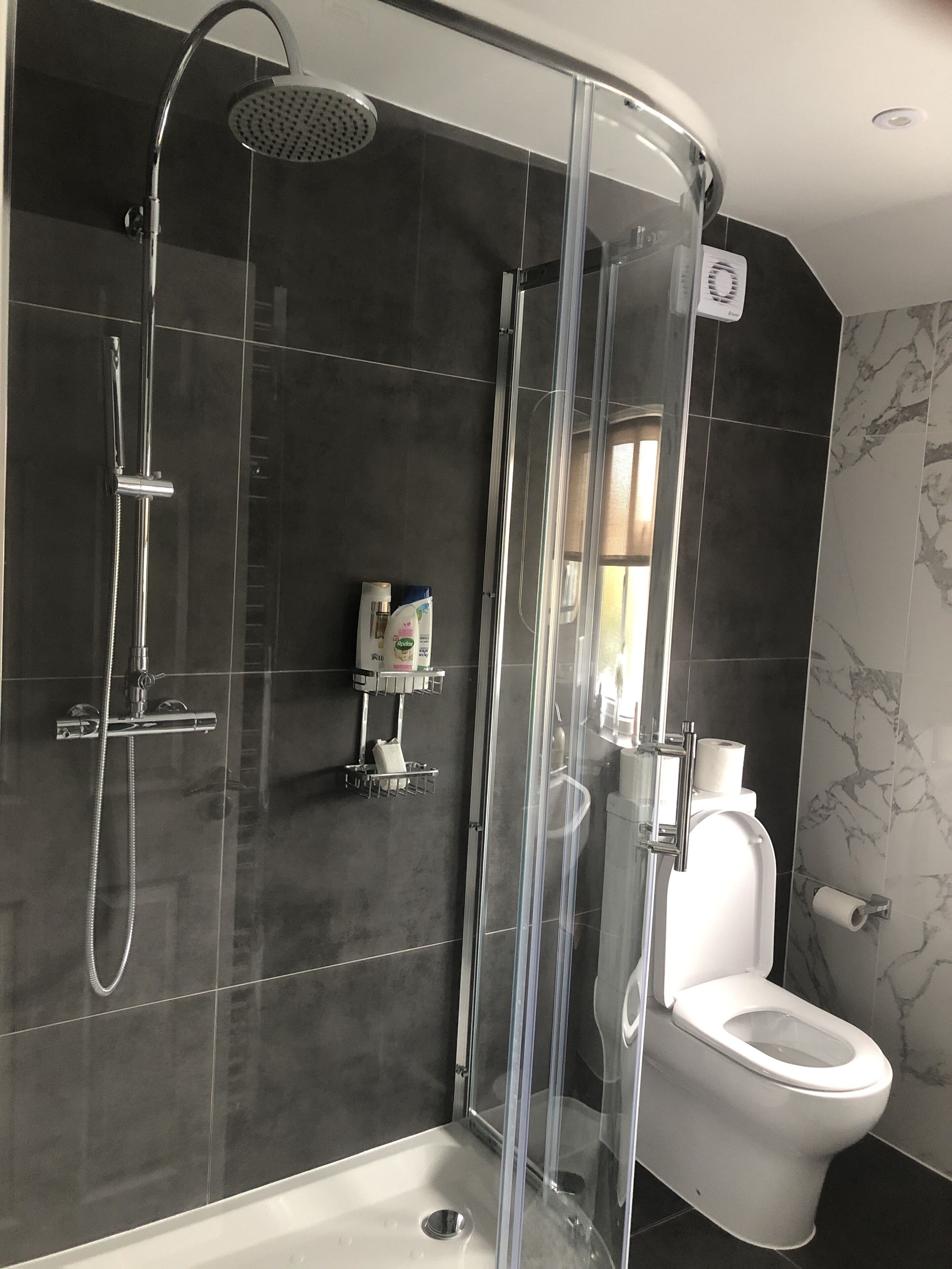 Shower, free toiletries, hair dryer, towels