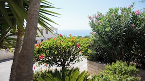 A coastal view with a building, a palm tree, and flowering bushes. - Holiday House With Panoramic View, Balcony, Wifi, and Near the Sea (Valderice)