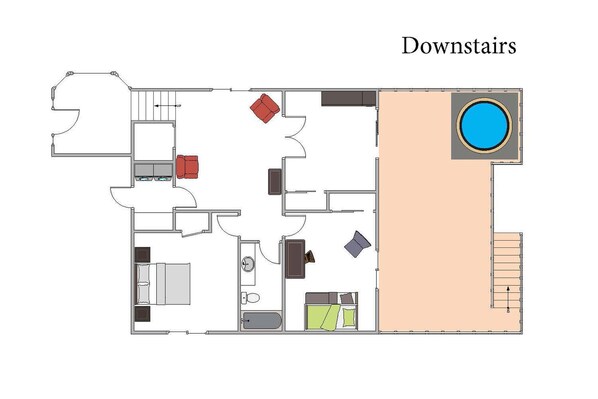 Plano de planta de un hotel que muestra varias habitaciones, una zona de piscina y una escalera que conduce a los pisos superiores.